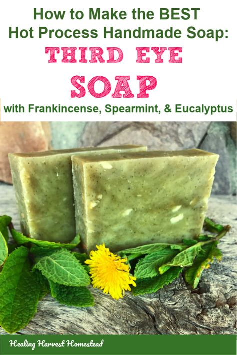 Want a wonderfully skin softening, soothing handmade soap with excellent lather? It’s all natural, made with essential oils. Here is my Third Eye Soap recipe, which was one of the most popular soaps I sold years ago in my shop. I’m now sharing it wi… Cold Process Face Soap Recipe, Homemade Soap With Herbs, Moisturizing Cold Process Soap Recipe, Spearmint Eucalyptus Soap Recipe, Nettle Powder, Peppermint Cold Process Soap, Hot Process Soap, Waking Up In The Morning, Natural Soaps Recipes