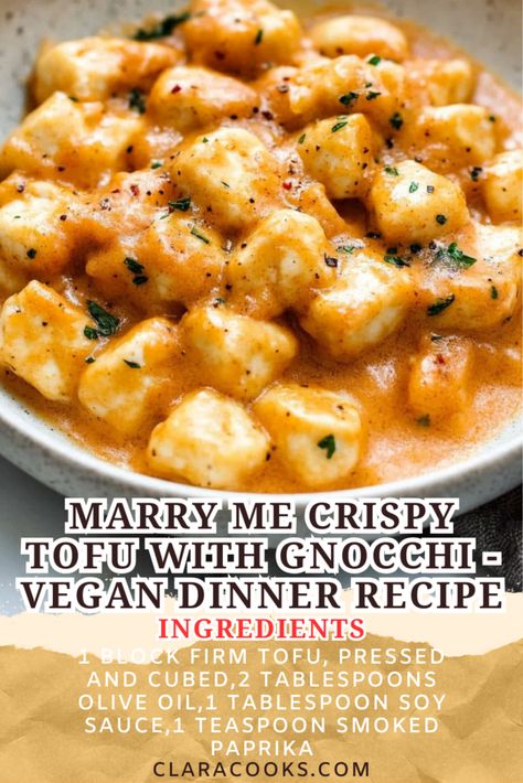 Marry Me Crispy Tofu with Gnocchi - Vegan Dinner Recipe Marry Me Tofu Recipe, 4 Ingredient Vegan Recipes, Savory Vegan Recipes, Gnocchi Recipes Vegan, Quick Easy Vegan Dinner, Dairy Free Gnocchi Recipes, Tofu Gnocchi, Vegan Dinner Easy, Vegan Gnocchi