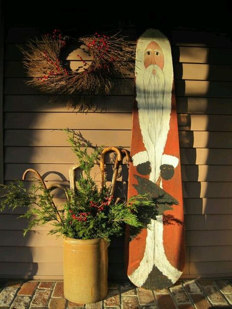 Santa painted on an old wooden ironing board- By my friend, Elsie Marie Bone Bailey- who has been featured in Country Sampler:) Painted Ironing Board, Barnwood Projects, Wooden Ironing Board, Santa Claus Crafts, Christmas Outdoors, Santa Paintings, American Honey, Ironing Boards, Primitive Santa