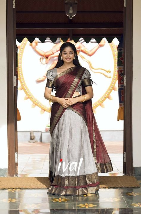 Maroon Half Saree, Silk Half Saree, Half Sarees, Grace Beauty, Grey Skirt, Half Saree Designs, Brown Blouse, Silk Cotton Sarees, Beauty Images