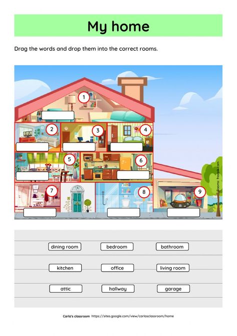 Rooms in the house interactive activity for beginners. You can do the exercises online or download the worksheet as pdf. English Liveworksheet, Education Worksheets, Materi Bahasa Inggris, English Club, Kindergarten Reading Activities, English Teaching Materials, Esl Resources, 2nd Grade Worksheets, Teaching Time