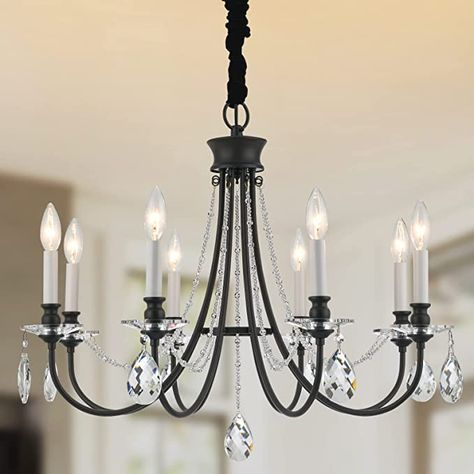 Black Crystal Chandeliers 8 Lights Farmhouse French Mid Century Ceiling Light Fixtures Modern Vintage Pendant Lighting ,Crystals chandelier for Dining Room, Living Room, Bedroom, Kitchen Island, Foyer - - AmazonSmile Black Crystal Chandelier Dining Room, Black Chandelier With Crystals, Small Luxury Bedroom, Farmhouse Crystal Chandelier, Black Farmhouse Chandelier, Lighting For Dining Room, Black Crystal Chandelier, Mid Century Ceiling Light, Bathroom Chandelier