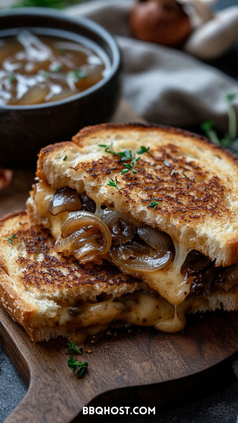 Transform your grilled cheese experience with this French Onion Grilled Cheese Sandwich! Imagine the rich, caramelized flavors of French onion soup paired with crunchy sourdough bread. This easy recipe creates a buttery, mouthwatering dish that’s perfect for any time of day. Save this for later! Click through for more epic grilled cheese recipes. Soup Pairings, Onion Grilled Cheese, Grilled Cheese Recipes, Easy Comfort Food, Cheese Sandwich, Grilled Cheese Sandwich, French Onion Soup, French Onion, Onion Soup