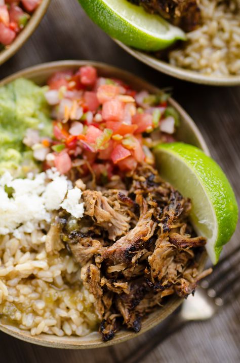 Easy Pork Carnitas Rice Bowls Mexican Pork Rice Bowls, Pork Lunch Recipe, What To Serve With Carnitas, Easy Pork Carnitas, 10 Minute Dinner, Chipotle Bowls, Sauteed Chicken Breast, Rice Bowl Recipe, Protein Bowl