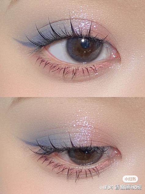 Subtle Blue Makeup, Subtle Blue Eye Makeup, Subtle Blue Eyeshadow, Blue Flower Makeup, Cute Aesthetic Makeup, Flowerknows Makeup, Princess Jewelry Box, Mermaid Eye Makeup, Flower Knows Makeup