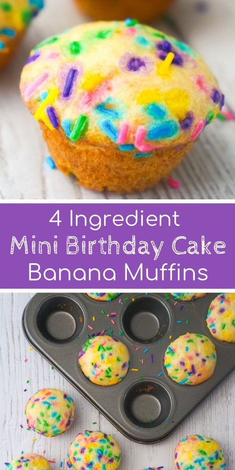 Mini Birthday Cake Banana Muffins are an easy snack or dessert your kids will love. These colourful mini muffins are made with confetti cake mix, ripe bananas and lots of sprinkles. Birthday Breakfast Kids, Birthday Cake Banana, Mini Birthday Cake, Cake Mix Muffins, Healthy Birthday, Cake Banana, Birthday Snacks, Birthday Breakfast, Confetti Cake