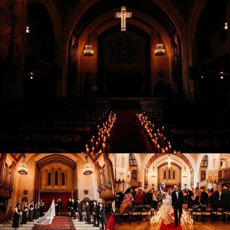 A chic wedding at Detroit's Masonic Temple | Alicia and Brian | Detroit, Michigan - CAPTURED COUTURE, LLC Candle Lit Aisle, Candle Lit Ceremony, Gothic Elements, Masonic Temple, Timeless Architecture, Classic Color Palette, Temple Wedding, Black Tux, Wedding 2025