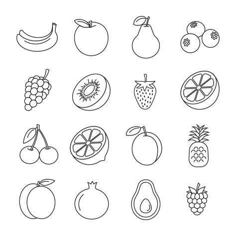 Vector set line icon of fruits Fruit Line Illustration, Fruits Line Art, Line Art Fruit, Fruit Illustration Art, Fruit Line Drawing, Fruit Sketches, Fruit Outline, Fruit Line Art, Fruit Doodles