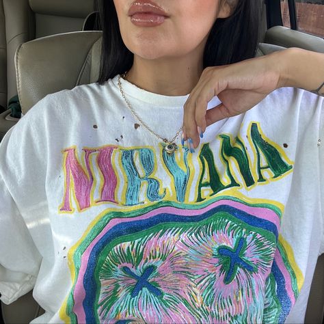 Oversized tee, Nirvana tee, urban outfitters shirt, summer style Urban Outfitters Nirvana Shirt, Nirvana Shirt Outfit, Urban Outfitters T Shirts, Nirvana Tee, Urban Outfitters Shirt, Nirvana Shirt, Light Pink Tops, High School Fashion, Outfits For Mexico