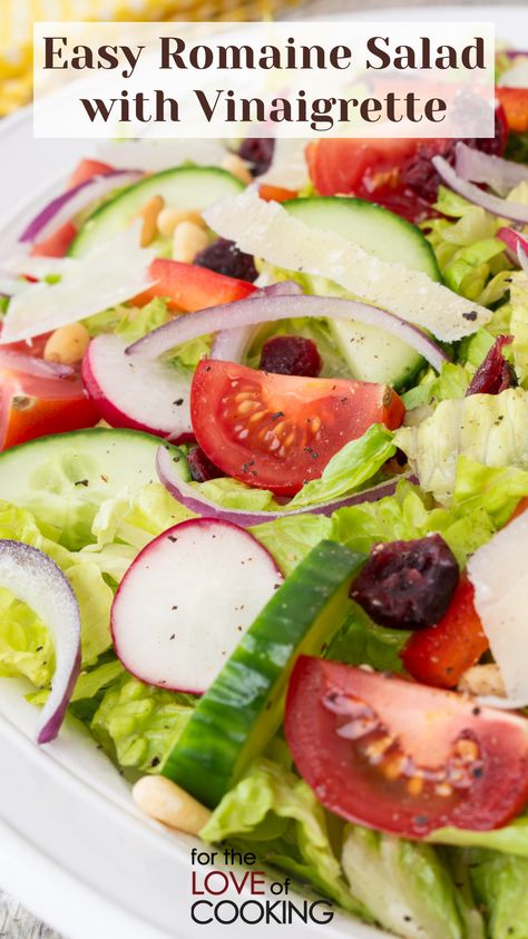 This easy romaine salad with vinaigrette is a quick and simple salad of romaine lettuce, tomatoes, bell pepper, cucumber, red onion, pine nuts, and shaved parmesan all tossed in a simple tangy vinaigrette.     #recipes #salads #vegetables #vegetarianrecipes #romainelettuce #easysalad #romaine #recipe #saladrecipe Easy Romaine Salad Recipes, Romain Lettuce Salads, Romaine Salad Recipes, Salad With Vinaigrette, Lettuce Recipes, Raisin Recipes, Shaved Parmesan, Seasoned Rice Vinegar, Recipes Salads