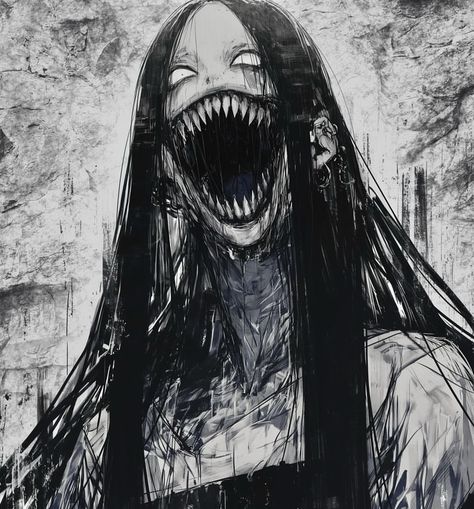 Paralysis Demon Art, Cute And Scary Aesthetic, Pale Monster Art, Scar On Face Reference Drawing, Monster Smile Drawing, Horror Woman Art, Weird Art Wallpaper Laptop, Creepy Woman Art, Creepy Cute Art Drawing