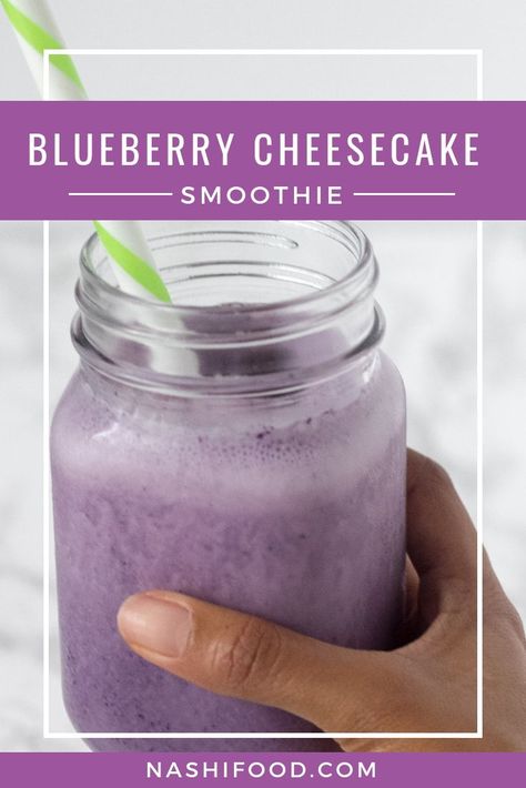 Do you like cheesecake? Try it in a smoothie, this blueberry cheesecake smoothie will bring a smile to your face, plus it is so easy to make! #nashifood #smoothie #blueberrysmoothie #blueberry #drinks Blueberry Drinks, Beautiful Drinks, Cheesecake Smoothie, Smoothies Recipes, Blueberry Cream Cheese, Easy Drink Recipes, Blueberries Smoothie, Easy Drinks, Blueberry Cheesecake