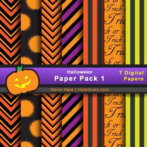 Halloween paper pack of bright designs by Kevin Hale, HaleGrafix ~ see his other coordinating Halloween paper packs too Halloween Digital Paper, Digital Paper Free, Paper Patterns, Printable Scrapbook Paper, Scrapbook Printables, Theme Halloween, Halloween Digital, Digital Scrapbook Paper, Halloween Paper