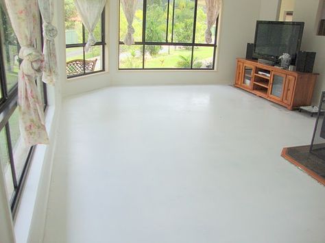 How to finish and maintain painted concrete floors Paint Concrete Floor, Basement Concrete Floor Paint, Concrete Floor Paint Colors, Concrete Floor Paint, Painted Cement Floors, White Concrete Floors, Interior Concrete Floors, Painting Basement Floors, Paint Concrete