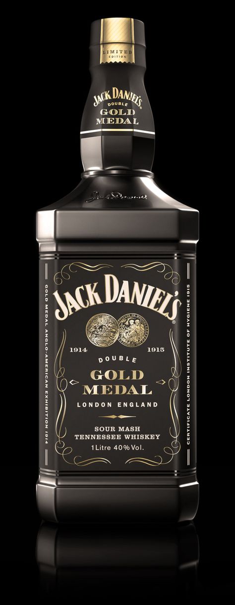 WHAAATTT?! AWESOMNESS... Jack Daniel's Double Gold Medal Limited Edition -  a specially packaged bottle sold exclusively at London's Heathrow, Gatwick and Stansted airports. The matte black bottle also includes iconic Old No.7 packaging, two commemorative glass tumblers, as well as black and gold gift box. Gold Gift Boxes, Cigars And Whiskey, Tennessee Whiskey, Gatwick, Heathrow, Bourbon Whiskey, Jack Daniels Whiskey Bottle, Jack Daniels, Scotch Whisky