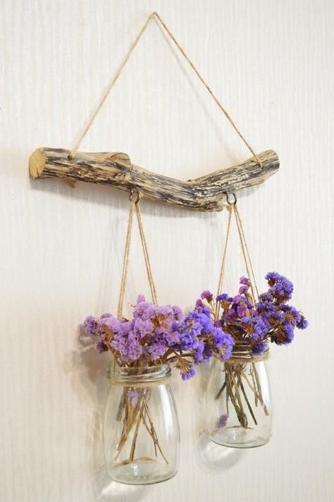 Mason Jar Organizer, Diy Para A Casa, Dekorasi Bohemia, Mason Jar Organization, Pola Macrame, Mason Jar Decor, نباتات منزلية, Diy Wand, Driftwood Wall Art