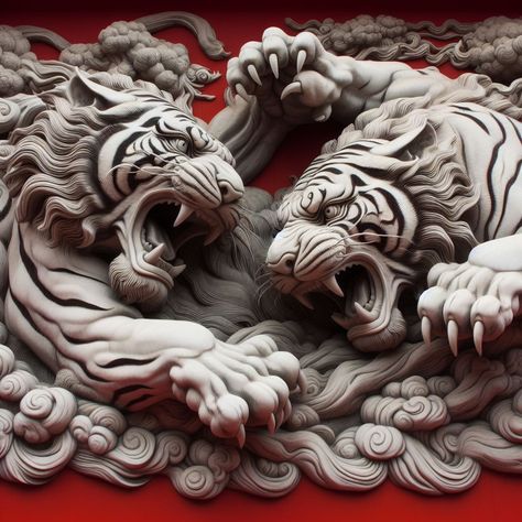 Tiger Statue Tattoo, Clay Tiger Sculpture, Tiger From Above, Tiger Temple, 3d Tiger, Asian Tigers, Tiger Statue, Asian Sculptures, Koi Fish Tattoo