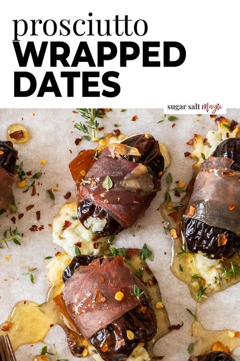 You can't go wrong with these prosciutto wrapped dates for a quick and easy appetizer. Stuffed with goats cheese and baked, your guests will love them. Sweet, salty, creamy, and cheesy all in one — these prosciutto wrapped dates tick all the boxes. Made with dates, honey, goats cheese, prosciutto, and thyme, they are seriously so good. The perfect mouthful for a finger food appetiser! Figs Wrapped In Prosciutto, Fig And Prosciutto Appetizer, Goat Cheese Stuffed Dates Prosciutto, Appetizers Using Dates, Fig Goat Cheese Prosciutto Appetizers, Whipped Feta Stuffed Dates, Dates Stuffed With Goat Cheese, Prosciutto Appetizers Finger Foods, Prosciutto Wrapped Figs