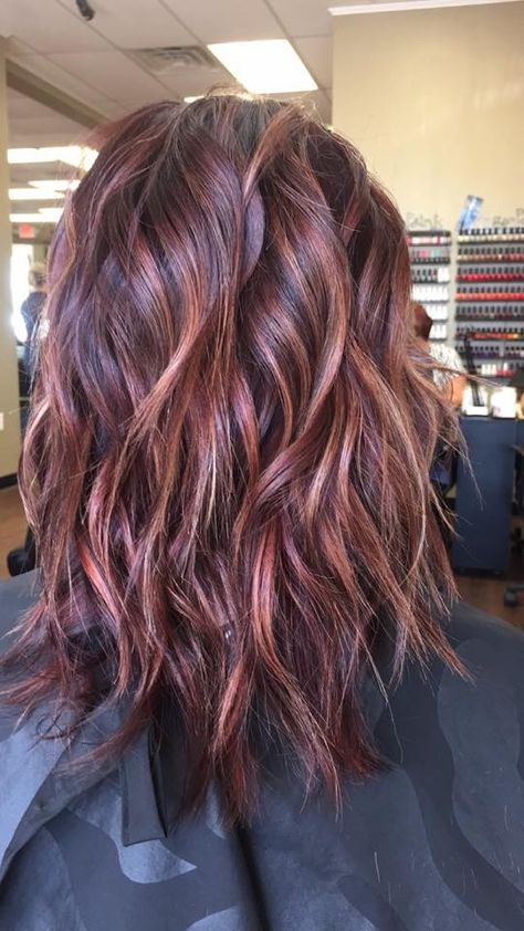 Rose Gold Hair Color Ideas For Brunettes, Brown Over Red Hair Dye, Red With Rose Gold Highlights, Fun Fall Hair Colors Short Haircuts, Red Violet Hair Color Balayage, Red Hair With Rose Gold Highlights, Fun Brunette Hair Color Ideas, Rose Gold Highlights Brunette, Rose Gold Balayage Brunettes