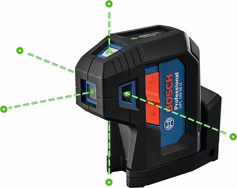 5 POINT LASERS - Projects 5 bright green dots on top, bottom, left, right, and in front. This highly accurate dot point laser is ideal for construction projects that require squaring up layout walls and transferring / aligning plumb points. CAUTION: This is a point laser, not a cross line laser. Please see the GLL100GX model or similar for cross-line options. GREEN-BEAM, 125 FT – 4x brighter than red laser for optimal visibility in indoor and partially outdoor jobsites. Offers ±1/8 In. accuracy Red Beam, Laser Levels, Laser Level, Green Laser, Roll Cage, Diode, Green Light, Workshop Equipment, Carrying Case