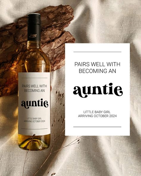 "Our \"Pairs well with becoming an auntie\" is an instant downloadable, editable template. Perfect baby announcement wine gift for a future aunt. Use this template to edit all text, font and color. Just edit, download, and print. It's super easy and fast. ✅ INSTANT ACCESS ✅ EDIT MOST WORDING/FONTS/COLORS ✅ PRINT AT HOME OR PROFESSIONALLY ✅ RELATED ITEMS 👉 https://etsy.me/2RLvfnw ✅ DEMO 👉 https://www.corjl.com/d/1O7J5L WHAT IS INCLUDED? * Wine Label - 3.5x5'' * Instructions This is a digital pr Auntie Baby Announcement, Baby Announcement To Aunt, Pairs Well With Becoming Grandparents, Auntie Announcement Pregnancy, Baby Announcing Ideas To Family, Baby Announcement Ideas For Family, Baby Announcement For Grandparents, Announcing Pregnancy To Parents, Youre Going To Be An Auntie