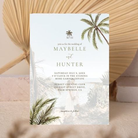 $3.08 | Tropical Watercolor Palm Trees Boho Wedding Photo | Wedding Invitations | palm tree wedding invitation, palm trees, watercolor palm trees, beach, boho, bohemian, tropical wedding, tropical palm trees, watercolor palm leaf, photo wedding invitation Boho Tropical Wedding, Palm Tree Wedding Invitations, Tree Monogram, Wedding Invitation Details, Boho Wedding Invitation Template, Leaf Photo, Trees Watercolor, Tree Wedding Invitations, Wedding Tropical