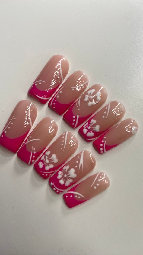 Classic frenchies with a colorful twist Hawaiin Nails Designs, Puerto Rican Nails, Nails For Spain, Habisquis Flower Nail, Tropical Acrylic Nails, Hawaiian Flower Nails Acrylic, Flower Nails Pink, Pink Frenchies, Hawaiian Flower Nails