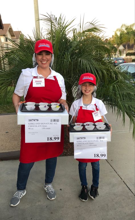 Costco Worker Costume, Costco Sample Lady Costume, Costco Costume Halloween, Costco Trunk Or Treat Ideas, Hamburgler Halloween Costume Women, Chickfila Costume, Co Worker Halloween Costumes Ideas, Costco Trunk Or Treat, Costco Costume