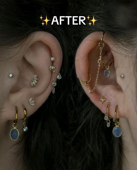 Asymmetrical Ear Piercings Both Ears, Symmetrical Ear Piercings, Ear Art Piercings, Stacked Lobes Piercing, Ear Curation Gold, Feminine Piercings, Piercings To Get, Ear Piercings Placement Chart, Piercing Styles