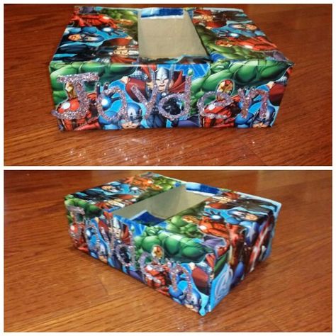 Avengers Valentine Box Just a small shoe box, tape the ends and wrap it with any gift paper design you like..In this case I used Goodie Bags... (couldn't find paper)  Make sure to wrap the bottom as well....the Name I did it with glitter so it stands out Gift Paper Design, Valentine Box Ideas, Kids Valentine Boxes, Mail Boxes, Box Tape, Valentine Gifts For Kids, Valentine Day Boxes, Gift Paper, Valentines For Boys