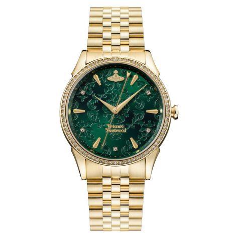 Vivienne Westwood Wallace Ladies' Gold Tone Bracelet Watch - Ernest Jones Gold Plated Watch, Green Watch, Gold Details, Vivienne Westwood, Bracelet Designs, Watch Design, Stainless Steel Bracelet, Quartz Movement, Quartz Watch