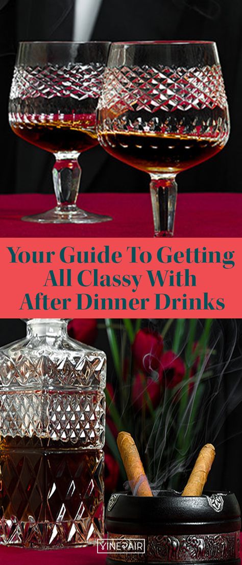 Anyone who doesn’t save room for a #drink after dinner is basically cheating themselves. #After-dinner drinks are often useful to help, er, goose the digestive process and/or calm any calamities of wine plus food plus more food plus ice cream cake currently going on in your stomach. Fortunately there’s a #basic — and #classic — canon of after dinner drink options pretty much guaranteed to satisfy the diversity of palates out there. Here's your #guide to those drinks. After Dinner Drinks Alcoholic, Fall Party Food, Drink Names, After Dinner Drinks, Dinner Drinks, Food Party, Digestion Process, Fall Food, Save Room