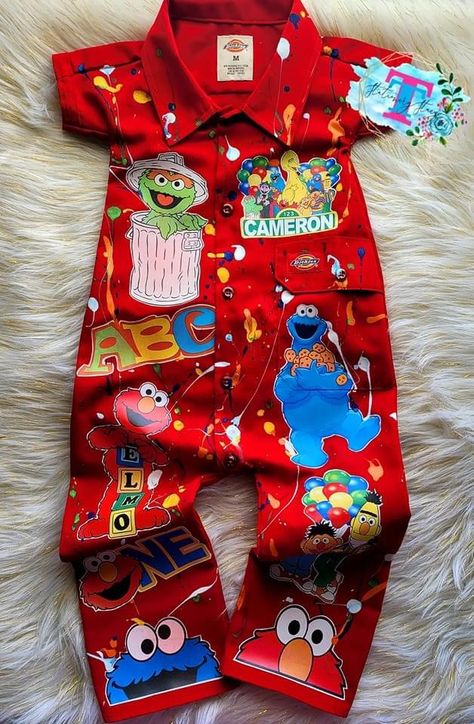 Custom Sesame Street Outfit, Sesame Street Overalls, Elmo Birthday Outfit Boy, Sesame Street Birthday Outfit Boy, Elmo 1st Birthday Party Boys, 1st Birthday Boy Outfit Ideas, Sesame Street Birthday Outfit, Sesame Street Outfit, Elmo Birthday Outfit