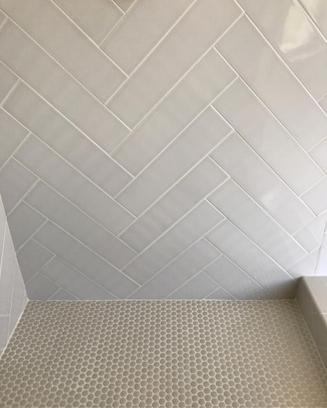 Paul Varney Construction, LLC on Instagram: “#underconstruction #tileshower  shower floor tile: Warm Gray Gloss Penny Rounds  shower walls: Warm Gray Gloss 4x16 herringbone…” Herringbone And Penny Tile Bathroom, Gray Herringbone Shower Tile, Penny Tiles Bathroom, Taupe Bathroom, Penny Floor, Gray Tile, Grey Bathroom Tiles, Grey Floor Tiles, Shower Floor Tile