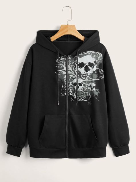 Black Casual Collar Long Sleeve Fabric Halloween Zip Up Embellished Slight Stretch  Women Sweatshirts Grunge Jacket, Skull Clothing, Women Sweatshirts, Stylish Sweaters, Vibe Clothes, Skull Print, Drawstring Hoodie, Edgy Outfits