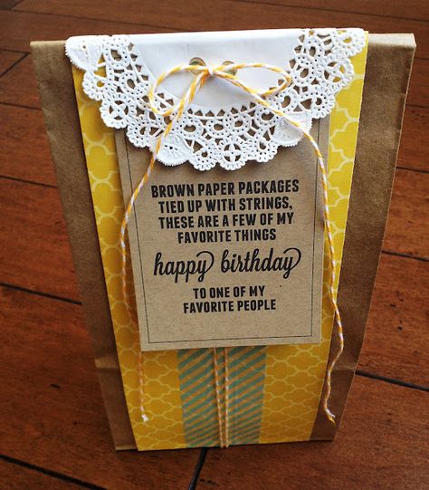 "a brown paper package tied up with strings...filled full of some of  your favorite things!!" like gum, lotion, nail polish, etc. Brown Paper Package, Birthday Week, Brown Paper Packages, Crafty Gifts, Brown Paper Bag, Instagram Design, Brown Paper, My Favorite Things, Birthday Fun