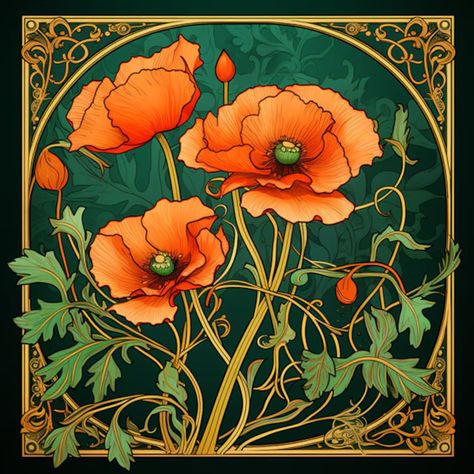 DIGITAL DOWNLOAD Art Deco Poppies, Orange Flowers, Dark Green Leaves - Etsy Art Noveau Flores, Ornate Illustration, Art Deco Nature, Fleurs Art Nouveau, Art Deco Flowers, Illustration Art Nouveau, Orange Poppies, Flowers Dark, Payment Receipt