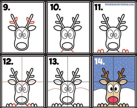 Learn How to Draw Rudolph the Red Nosed Reindeer Looking in Window Simple Steps Drawing and Art Lesson for Kids on Christmas Steps Drawing, Trin For Trin Tegning, Reindeer Drawing, Ren Geyiği, Easy Christmas Drawings, Christmas Window Painting, Christmas Art Projects, Window Drawing, Directed Drawing