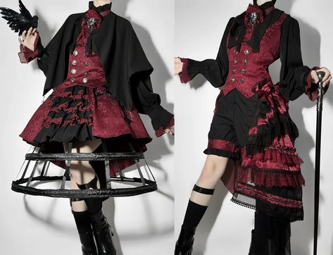 Dark Fairytale Outfit, Red Ouji Fashion, Magician Outfit Aesthetic, Magician Aesthetic Outfit, Red And Black Outfits Aesthetic, Gambler Outfit, Casino Aesthetic Outfit, Magician Pose, Outfits With Ties For Women