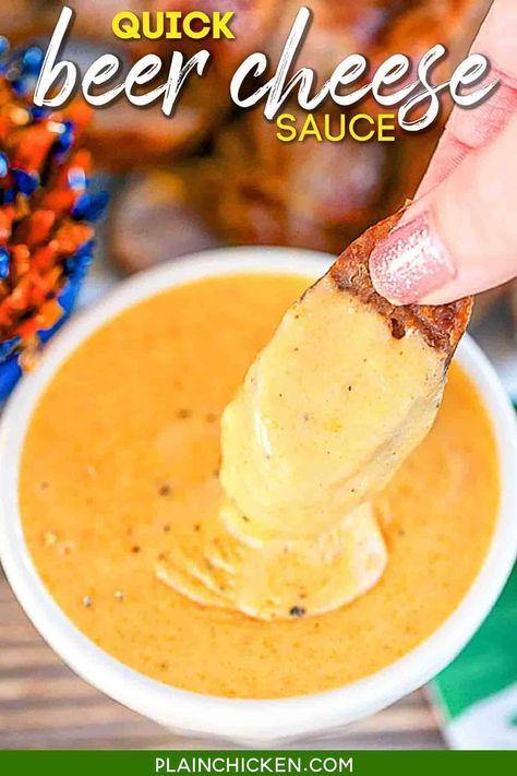 Beer Cheese Sauce - CRAZY good! Beer, cheese, flour, Worcestershire sauce, dry mustard, and paprika. Takes less than 5 minutes to make. Tastes just like the beer cheese sauce from our favorite Irish pub. Great with grilled sausages and pretzels!! Use gluten-free beer and cornstarch for a gluten-free dip! #dip #beer #cheese #sauce #gameday Beer Cheese For Burgers, Heart Appetizers, Easy Beer Cheese, Plain Chicken Recipe, Beer Cheese Recipe, Beer Cheese Dip Recipe, Cheese Sauces, Beer Cheese Sauce, Super Bowl Game