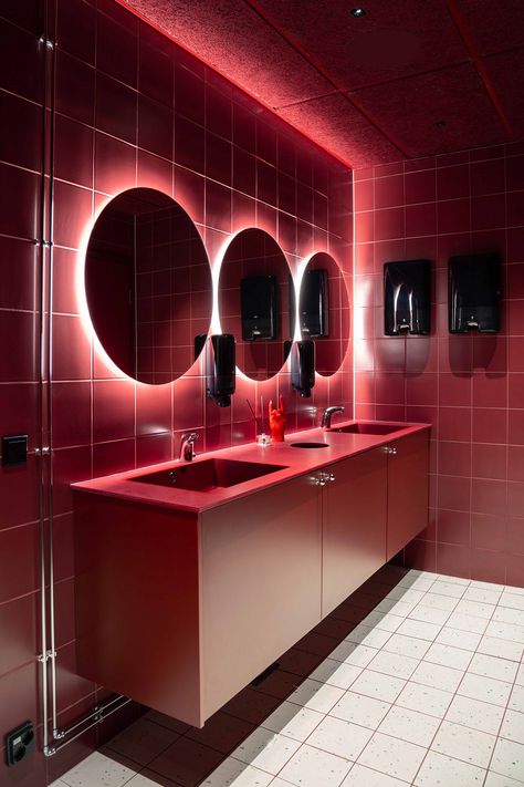 MOW Supernova Coworking Space on Behance Neon Bathroom, Futuristic Bathroom, Restroom Design, Nightclub Design, Public Bathrooms, Bar Interior, Sushi Bar, Girls Bathroom, Restaurant Interior Design