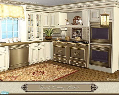 This is a set recolor of the Traditional Inspired Kitchen meshes and it features cream colored cabinetry, dark counter tops, and bronze appliances. The set also includes a few new meshes, a planter... Sims 4 French Kitchen, Sims 4 Country Living Room, Sims 4 Kitchen Cabinets Cc, 1910 Bedroom, Sims4 Cc Kitchen, Bronze Appliances, 1920s Furniture, 1940s Kitchen, Sims Furniture