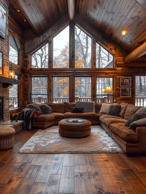 Cozy Log Home, Country Wooden House, Log Cabin Big Windows, Beach Log Cabin, Mountain Dream Homes Interior, Old Farm Style House Interior, Log Cabin Style Living Room, Cute Houses Inside, House With Property