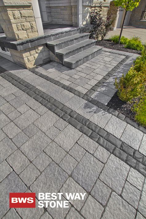 Best Way Stone > Paver: Strada Nova (grey mix) // Accent: Corso (Ultra Black) #outdoor #landscape #design #entrance available at our store at 3500 Mavis Rd, Mississauga, ON L5C 1T8 Grey And Black Patio Pavers, Landscape Design Entrance, Front Walkway Landscaping, Design Entrance, Pavers Design, Outdoor Landscape Design, Interlocking Pavers, Paver Designs, Walkway Landscaping