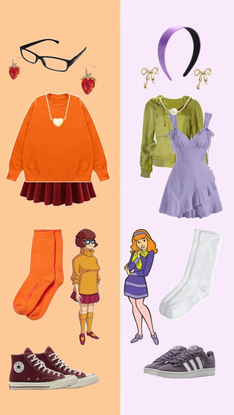 Velma and Daphne #scoobydoo #halloween #trend Velma And Daphne Costume, Duo Outfits, Halloween Duo, Daphne Costume, Halloween Duos, Spirit Week Outfits, Halloween Costumes Friends, Character Outfits, Scooby Doo