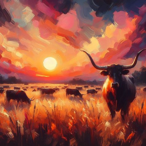 10x10, 12x12, 16x16, 20x20, Longhorn, Texas, County, Koe, vee, veeteelt, acryl, Giclee print, Fine Art, Zonsondergang, Cowboy, Cowgirl Sunset Cowboy, Cow Photography, Space Cowboy, Cattle Ranching, Art Sunset, Space Cowboys, Kid Art, Adult Crafts, Cowboy Cowgirl