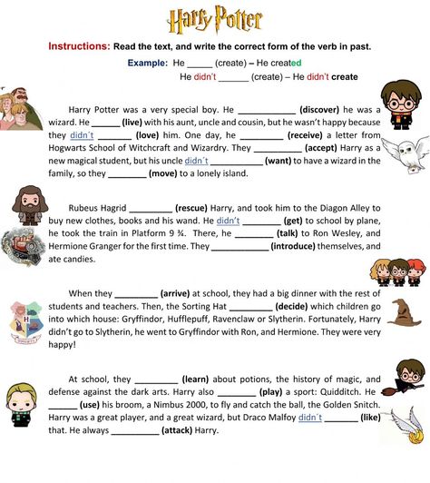 Harry Potter English Lesson, Harry Potter Worksheets For Kids, Harry Potter English, Harry Potter Lessons, Story Worksheet, Simple Past Tense, Past Simple, Harry Potter Stories, English Exercises