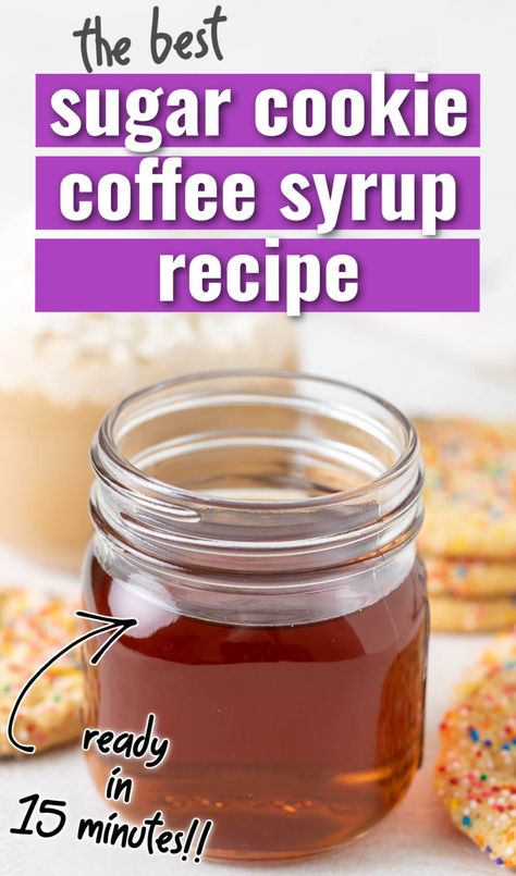 This Sugar Cookie Coffee Syrup is a holiday favorite! It has all of the warm, comforting flavors of a classic sugar cookie, but can be added to coffee drinks, cocktails, baked goods, you name it! Homemade Coffee Syrup | Starbucks Drink Recipes | Coffee Drink Recipes | Coffee Drinks | Tea Drinks | Latte Recipe | Creamer Recipe | Syrup Recipe | Coffee Drinks | Coffee Syrups | Coffee Bar | Iced Coffee | Simple Syrup | Cookie Butter Coffee Syrup, Coffee Syrup Flavor Combinations, Starbucks Drinks Recipes Coffee, Sugar Free Simple Syrup Recipe, Sugar Cookie Coffee, Sugar Cookie Syrup, Starbucks Drink Recipes, Diy Iced Coffee, Sugar Free Coffee Syrup