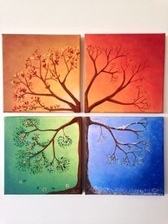 FOUR SEASONS 4 Part Canvas Painting, Four Seasons Painting Canvases, Seasonal Canvas Painting Ideas, 4 Season Painting Ideas, Seasons Paintings On Canvas, Four Canvas Painting Ideas, 4 Seasons Tree Painting, Season Tree Painting, Four Seasons Tree Painting