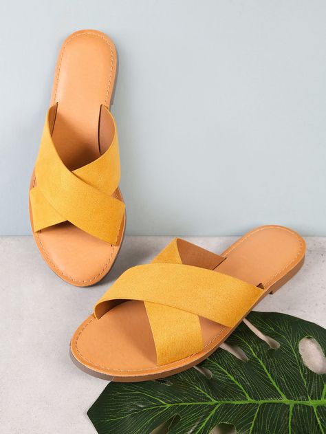 Faux Suede Criss Cross Strap Slide Sandal MUSTARD -SheIn(Sheinside) Heel Sandals Outfit, Basic Sandals, Yellow Sandals, Toe Post Sandals, Sandals Outfit, Studded Heels, Shoes Flats Sandals, Womens Summer Shoes, Flip Flop Shoes